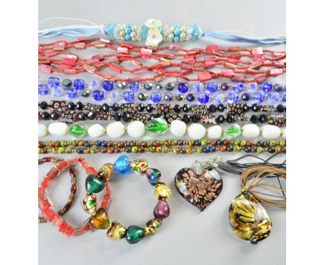Murano glass bracelet of heart form beads, boxed and a collection of vintage necklaces