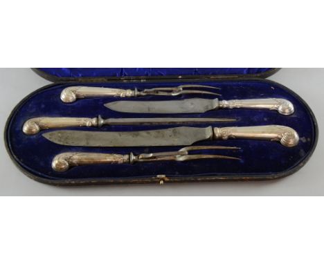 Victorian silver handled carving set with shell scroll handles, comprising two knives, two forks and steel, by Harrison Broth