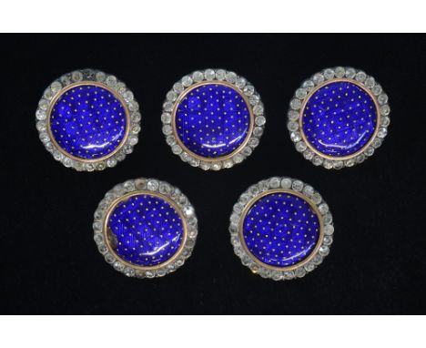 Georgian paste set buttons with  blue enamel centres, set of five in unmarked silver 3 cm diameter
Provenance;  From the coll