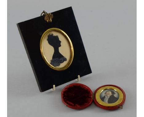 19th Century portrait miniature of a gentleman in a blue jacket 5cm x 3 cm and a silhouette 5cm x 7cm