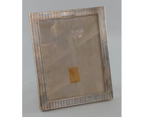 Sterling silver large photo frame with engine turned banded finish, 26.7cm x 21.6cm