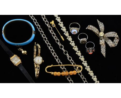 19th C French paste set brooch , cushion cut stones in silver, original case, an enamel pearl set bangle, other items of silv