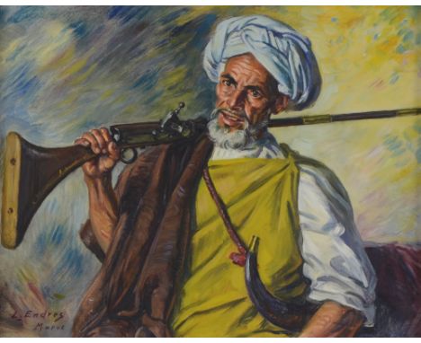 L.Endres, Morroccan - portrait of a man with a rifle, oil on canvas, signed, 102 x  27cms