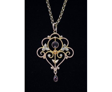 Edwardian open-work pendant set with garnet, amethyst and seed pearl on fine belcher chain both stamped 9ct