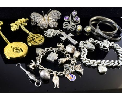Silver jewellery including two heavy bracelets and two gold on silver days of christmas medallions, amethyst set brooch,  som