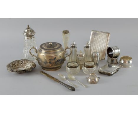 Egyptian silver coloured white metal and Nielloed sugar basin and cover, two silver cigarette cases, two bon-bon dishes, 3 ca