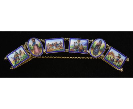 Silver gilt and enamel panel bracelet each panel with dancing or playing figures, marked sterling,  in associated  case
