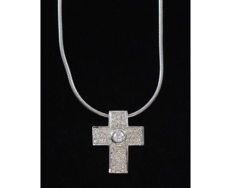 Diamond set cross and chain in 18ct white gold. the central stone approx .0 2 carat , total carat weight estimated at 0.70 ca