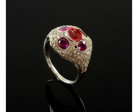 1940's French ring with Synthetic ruby and diamond pav‚ set in 18ct white gold French mark .
Provenance;  From the collection