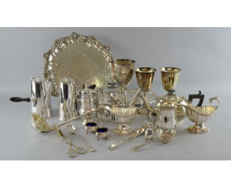 Pair of silver plated coffee pots,  and other plated wares to include a card tray, ladle, sugar sifter etc.,