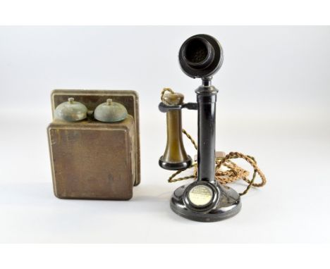 1920's Bakelite candlestick telephone, No. 150, black painted dome base, with original cables and bell box,