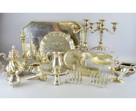 Pair of silver plated three light candelabra, wine funnel, galleried tray and other items etc.