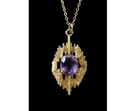 1970's textured  yellow gold pendant set with an amethyst, on gold chain London hallmark 9ct