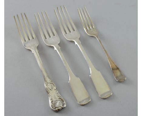 George III silver King's pattern fork by William Eley & William Fearn, London, 1821, and three other silver forks, 10oz, 311g