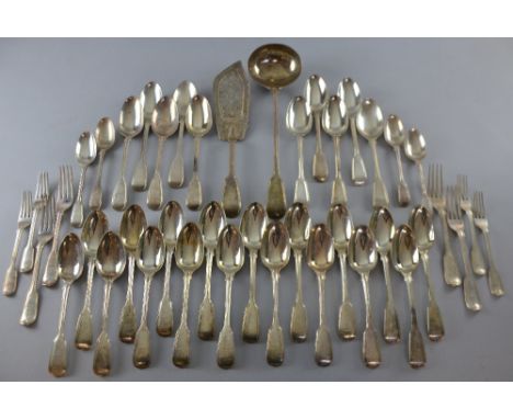 Victorian silver part canteen of fiddle and thread pattern cutlery, comprising soup ladle, fish slice, four dinner forks, fou