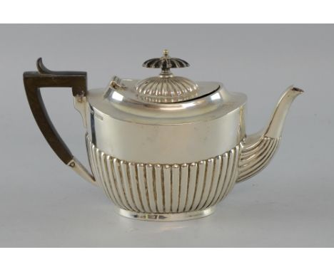 Victorian silver teapot with half-gadrooned body on oval foot, by John Henry Potter, Sheffield, 1894, gross weight 11.7oz, 36
