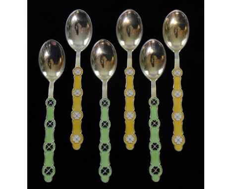 Set of six enamel and fully gilt silver spoons by Jacob Tostrup of Norway, circa 1920