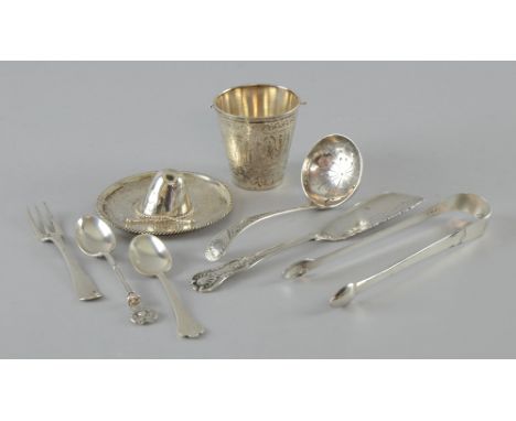 Small collection of Victorian and later silver flatware, comprising sugar tongs, sifter spoon, fish knife, two teaspoons, Fre