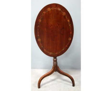 19th century mahogany oval tilt top table with painted marquetry decoration, on turned column to tripod base 69cm x 64cm x 44