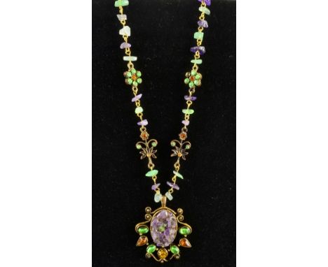 Amethyst and Jade necklace with a plaque of rough amethyst  and paste to centre, boxed