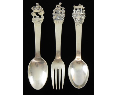 Three pieces of Danish silver flatware, comprising two spoons and a fork, each with moulded figural terminals, 3oz, 93g,