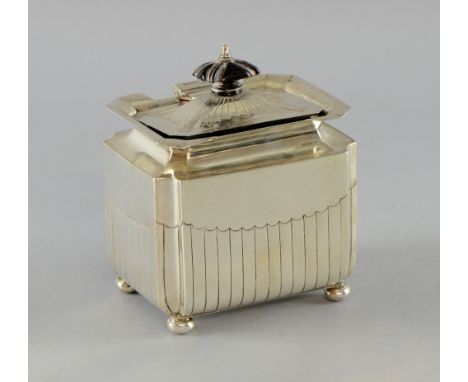 Victorian silver tea caddy and cover with reeded decoration on bun feet, by Thomas Bradbury & Sons, London, 1890, 8.9oz, 278g