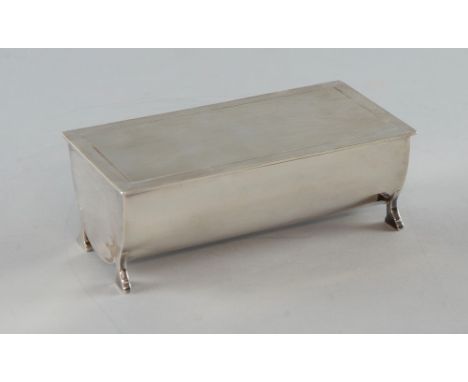 George V silver cigarette box of half-barrel form, cover with engine turned decoration on four shaped feet, by Mappin & Webb,