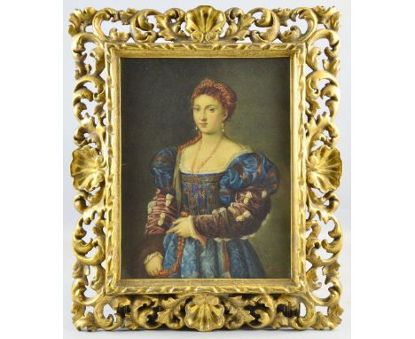 Achille Buzzi (Italian school) - portrait of a woman in 17th century dress, signed, watercolour, in gilt frame 1310