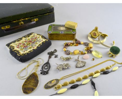 Costume jewellery, enamelled brass box with portrait miniature and other items in a green case