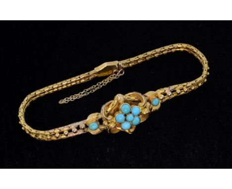 Victorian gold and turquoise bracelet, the scrolling centrepiece set with cabochon-cut turquoise. makers mark S. R. in a hand