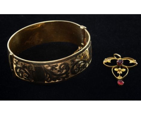 Edwardian gold pendant, and a gold plated bangle