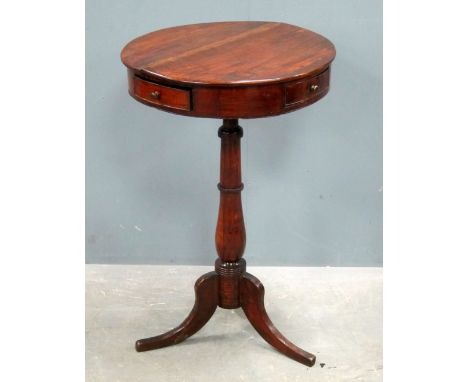 19th century mahogany drum table with four drawers on column support to tripod base, diameter 47cm x 75cm high