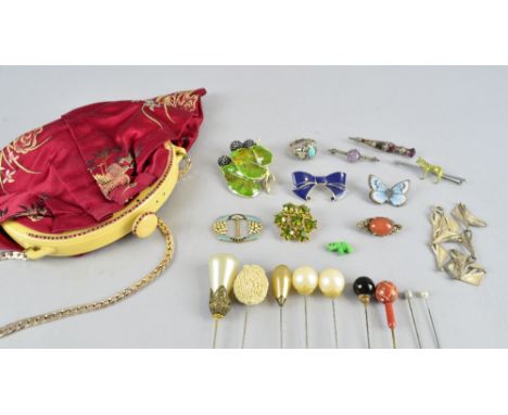 Vintage Costume jewellery, hat pins and an ivorine clasp evening bag