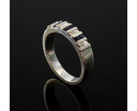 Modern sapphire and diamond half eternity ring the square cut stones channel set in 18ct white gold, stamped 750