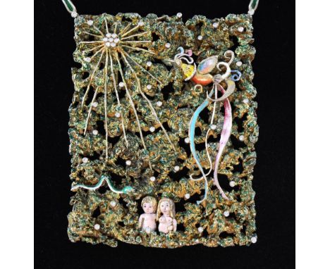 Anton  Fruhauf, The garden of Eden,  large enamel and diamond set  plaque pendant, depicting Adam and Eve, with bird of parad