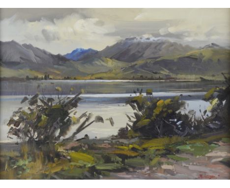 Don R. Neilson, New Zealand b. 1924 - 'Grey Day, Lake Wanakee, N.Z.', signed, oil on canvas laid on board, inscribed verso, 4