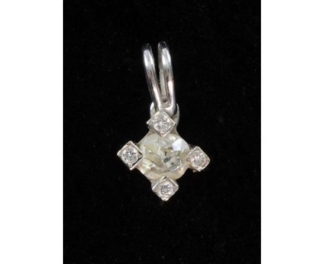 Diamond set white gold pendant with a central cushion cut diamond weighing approximately .50 carats and four smaller diamonds
