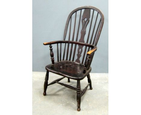 18th century  ash and elm stick back Windsor elbow chair resting on turned legs