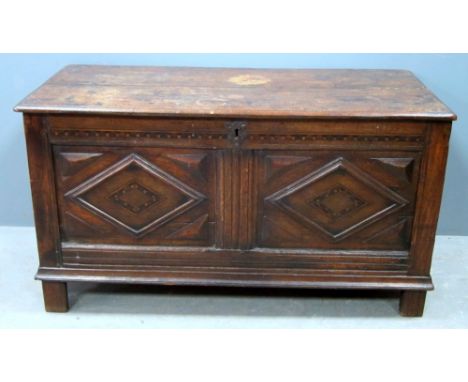 18th Century oak coffer with diamond lozenge front decoration, 55cm x 99cm x 46cm