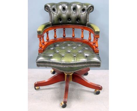 Green button backed leather and yew Captains Swivel chair by Bevan Funnell Provenance: Part of  a collection of High quality 