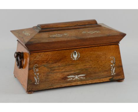 Regency rosewood and mother of pearl sarcophagus shaped tea caddy, with three compartments, 30cm wide