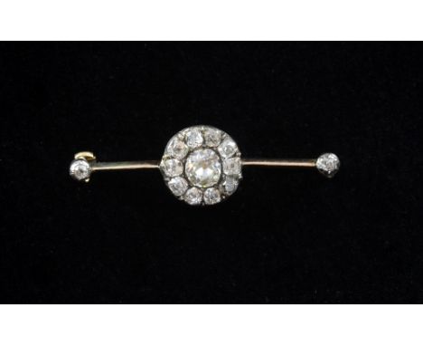 Victorian diamond cluster bar brooch,  central cushion cut diamond weighing approximately 1.00cts surrounded by ten old-cut d