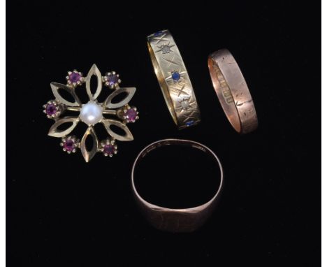 Three  gold rings including a Georgian  rose gold signet ring and a yellow gold ruby and pearl flower brooch All 9ct