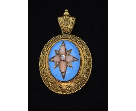 Victorian gold and enamel, pendant, set with diamonds and coral  in a star formation within a frame of light blue enamel, to 