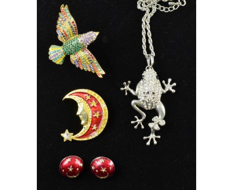 Butler and Wilson over size with multicoloured paste set bird brooch ,  Red enamel moon brooch and a frog pendant on chain un