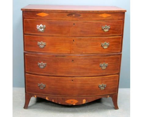 19th century  mahogany and satinwood banded bowfront chest of four long graduated drawers to slightly splayed bracket feet 11