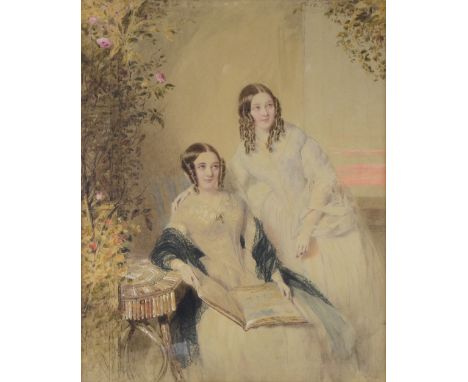 19th century English School - portrait of two sisters, one seated and reading a book, indistinctly signed, oil on canvas, 50 