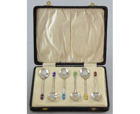 George V cased set of six enamel and silver Art Deco spoons by J G Ltd, Birmingham 1934