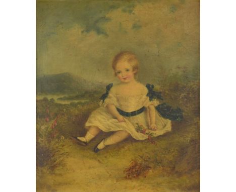 19th century English School - portrait of a young girl in a white dress with blue ribbons, unsigned, oil on canvas, 48 x 41cm