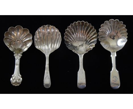 Four 18th & 19th century silver fluted bowl caddy spoons, Exeter 1864, London 1792, Edinburgh 1811 and Birmingham 1847,